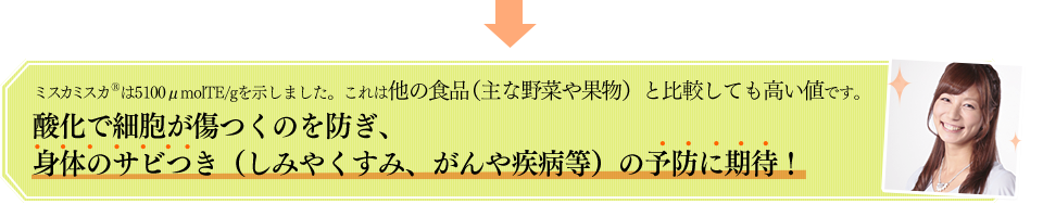 ミスカミスカ<sup>®</sup>は5100μmolTE/gを示しました。これは他の食品（主な野菜や果物）と比較しても高い値です。酸化で細胞が傷つくのを防ぎ、身体のサビつき（しみやくすみ、がんや疾病等）の予防に期待！