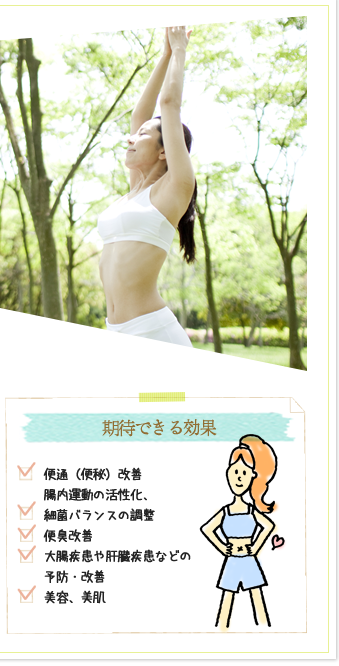 期待できる効果(便通(便秘)改善、腸内運動の活性化、細菌バランスの調整、便臭改善、大腸疾患や肝臓疾患などの予防・改善、美容、美肌)